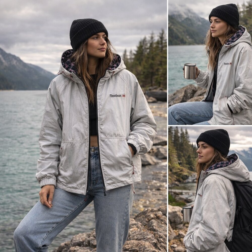 Vintage 90s Reebok Women’s L Hooded Windbreaker Jacket Union Jack Y2K White